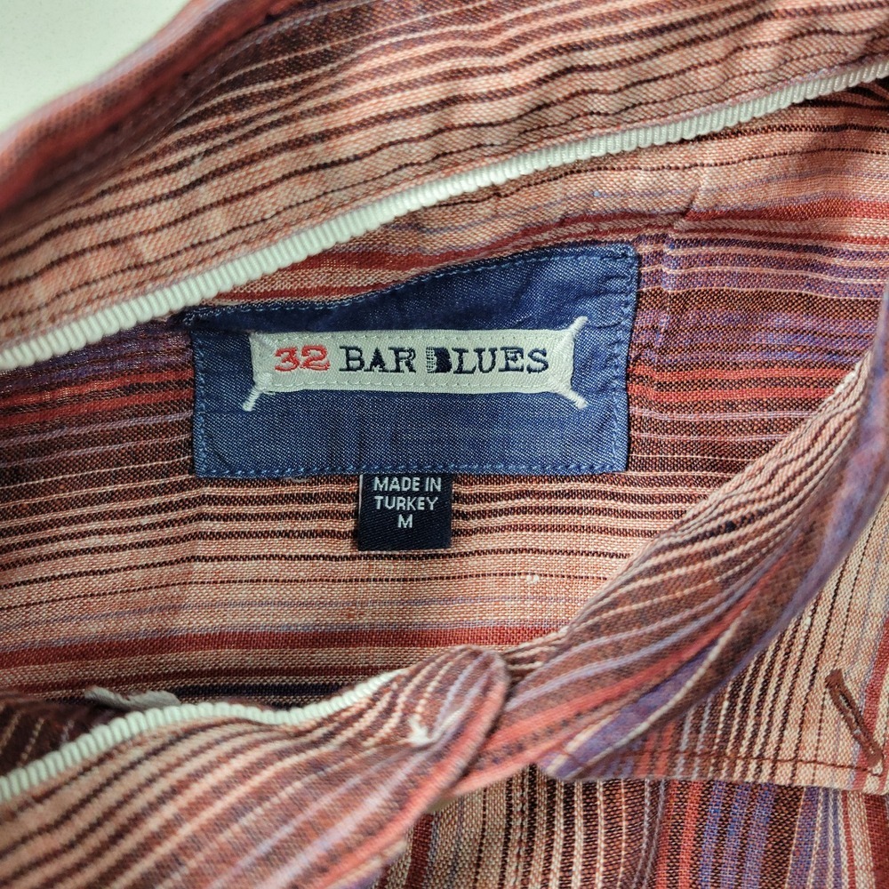 32 Bar Blues Mens M Medium 100% Linen Long Sleeve Pink Stripe Shirt - Picture 4 of 8
